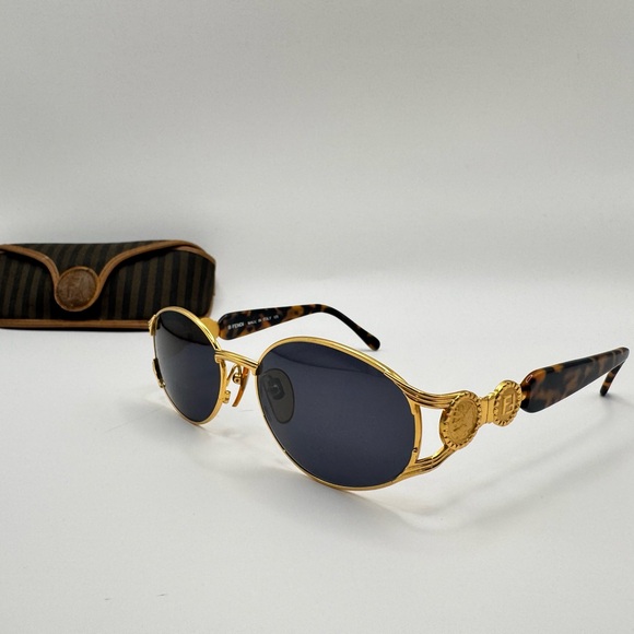 Fendi Accessories - Fendi FS 261 Vintage Gold Oval Sunglasses Blue Lens Tortoise Italy w/ Case